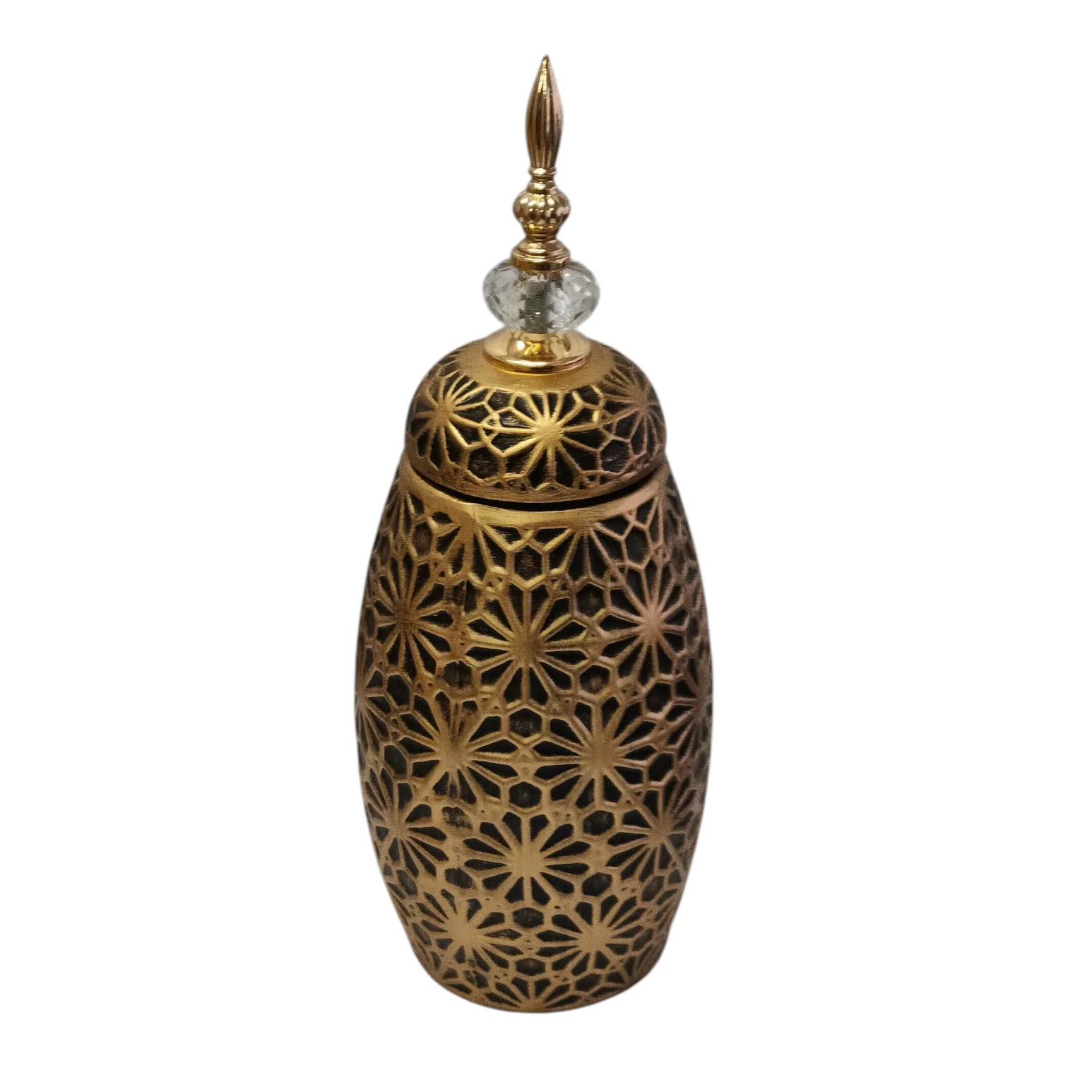 Jarrón Decorativo Árabe Dorado con Tapa y Detalle de Cristal – Diseño Floral Tallado 40cm - Image 2