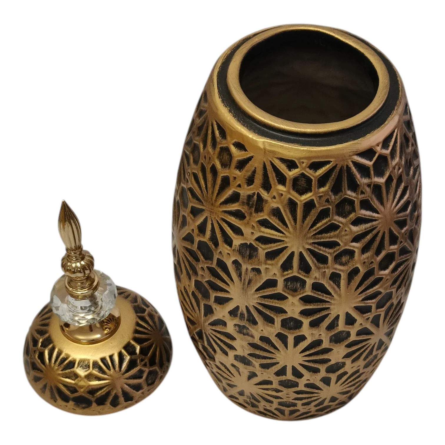 Jarrón Decorativo Árabe Dorado con Tapa y Detalle de Cristal – Diseño Floral Tallado 40cm - Image 3