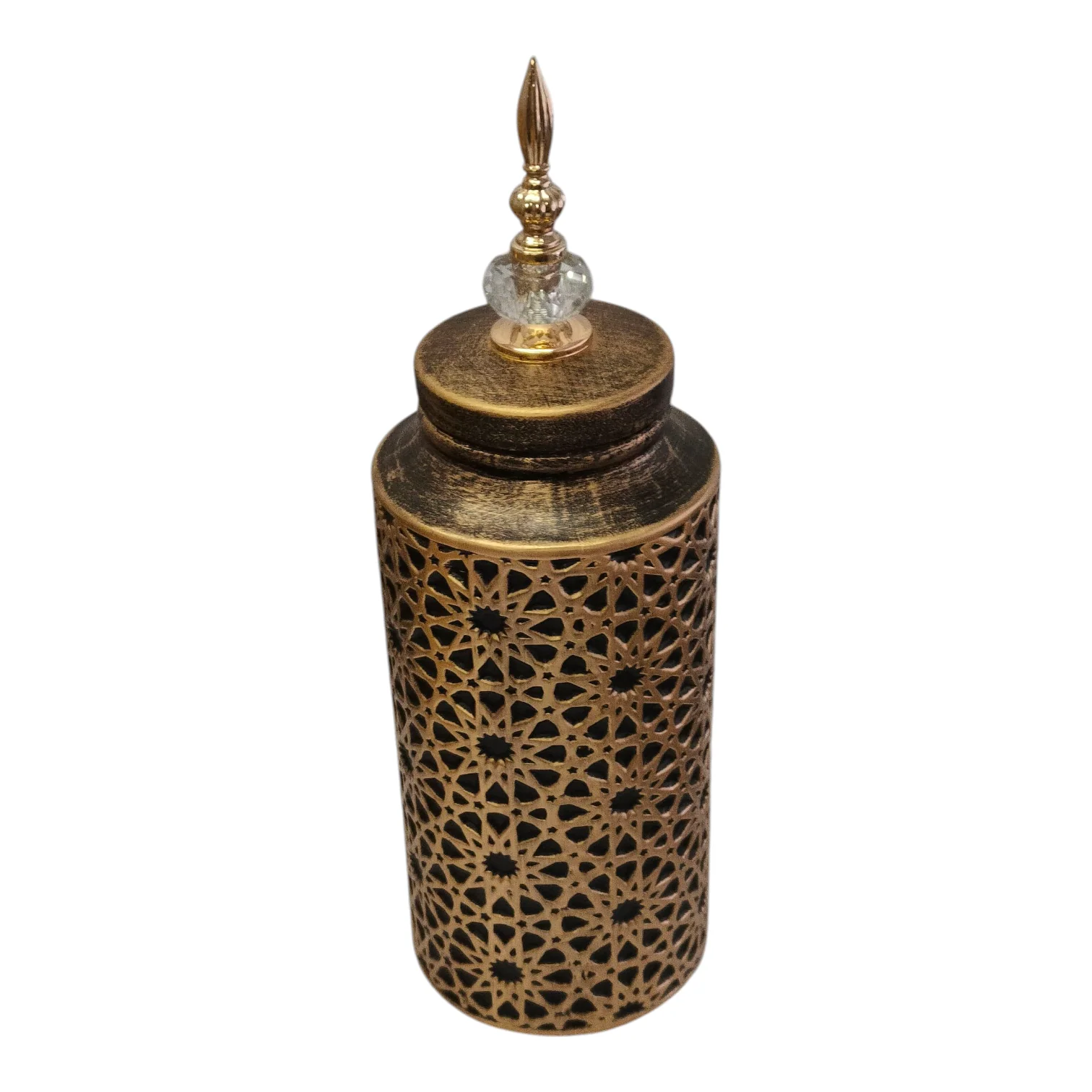 Jarrón Decorativo Árabe Dorado Oscuro con Tapa y Detalle de Cristal – 45cm - Image 2
