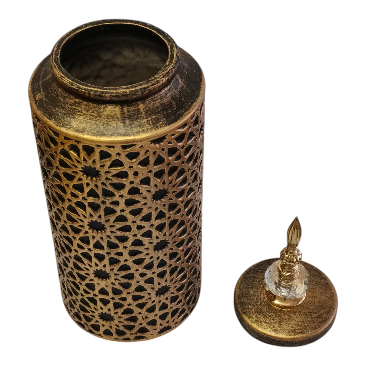 Jarrón Decorativo Árabe Dorado Oscuro con Tapa y Detalle de Cristal – 45cm - Image 3