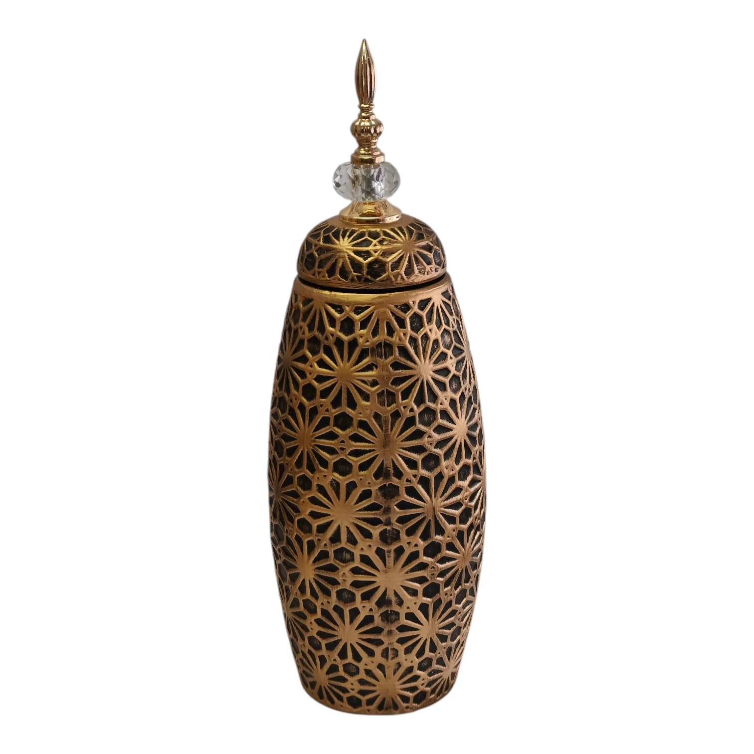 Decoración Árabe Dorada con Tapa y Detalle de Cristal – Diseño Tallado Floral 46,5cm