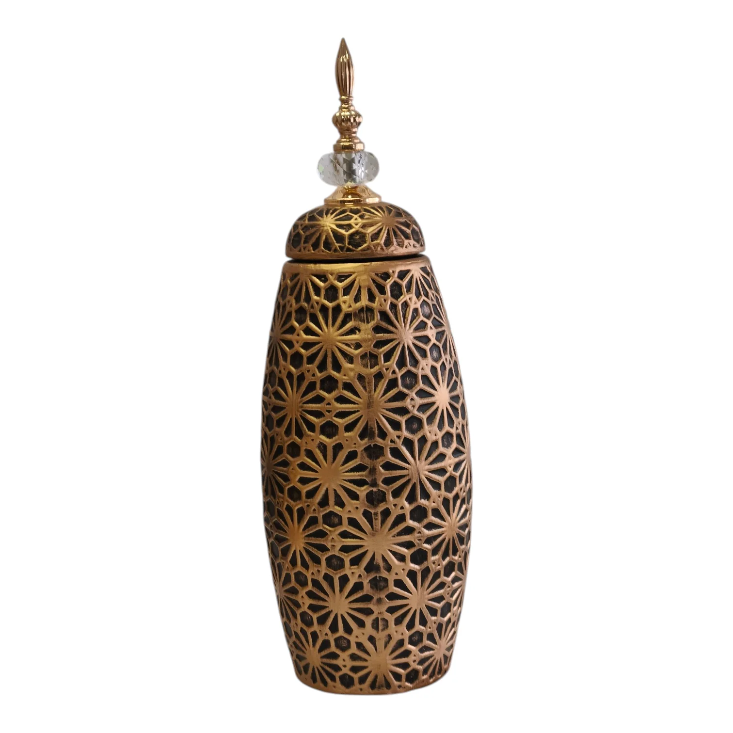 Decoración Árabe Dorada con Tapa y Detalle de Cristal – Diseño Tallado Floral 46,5cm - Image 2