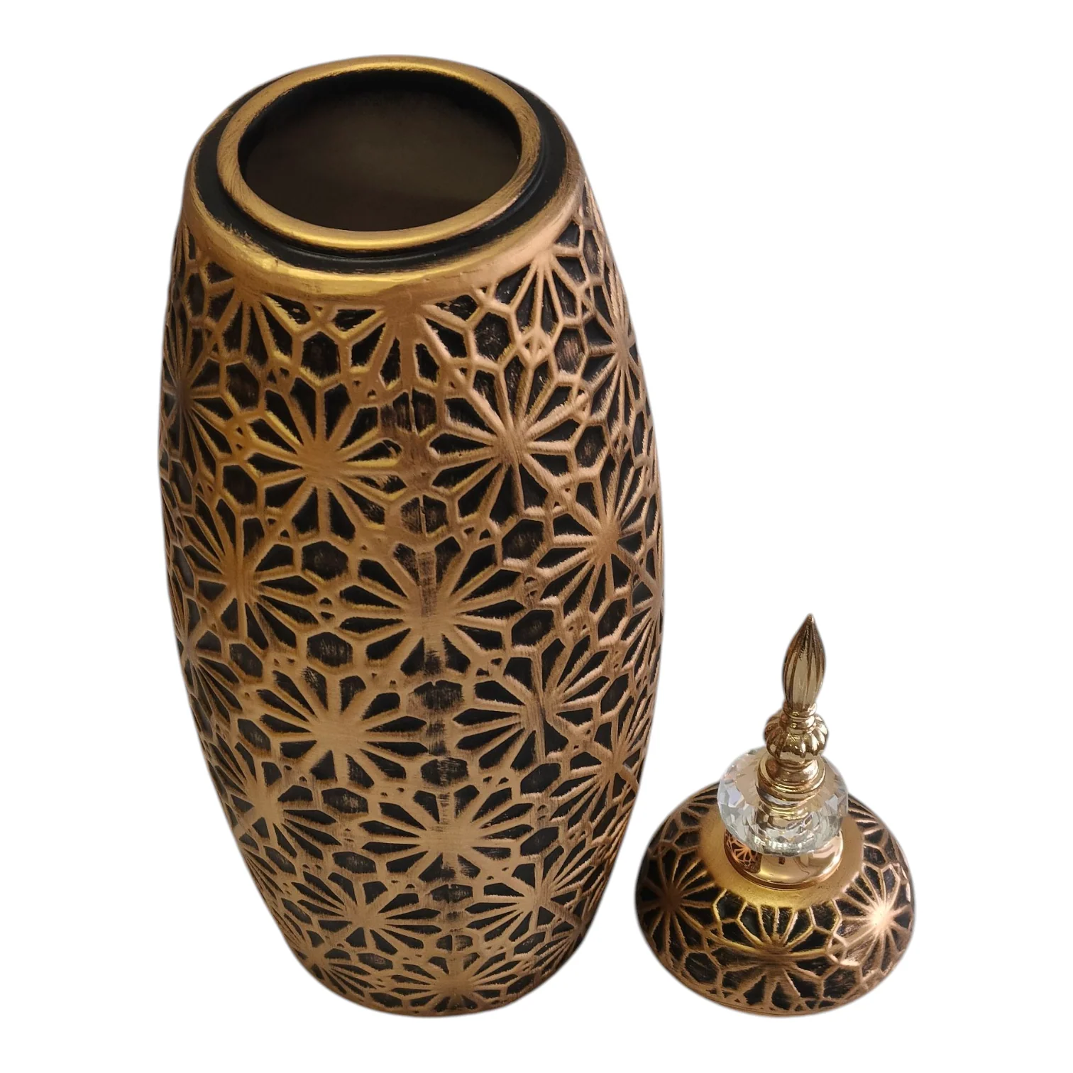Decoración Árabe Dorada con Tapa y Detalle de Cristal – Diseño Tallado Floral 46,5cm - Image 3
