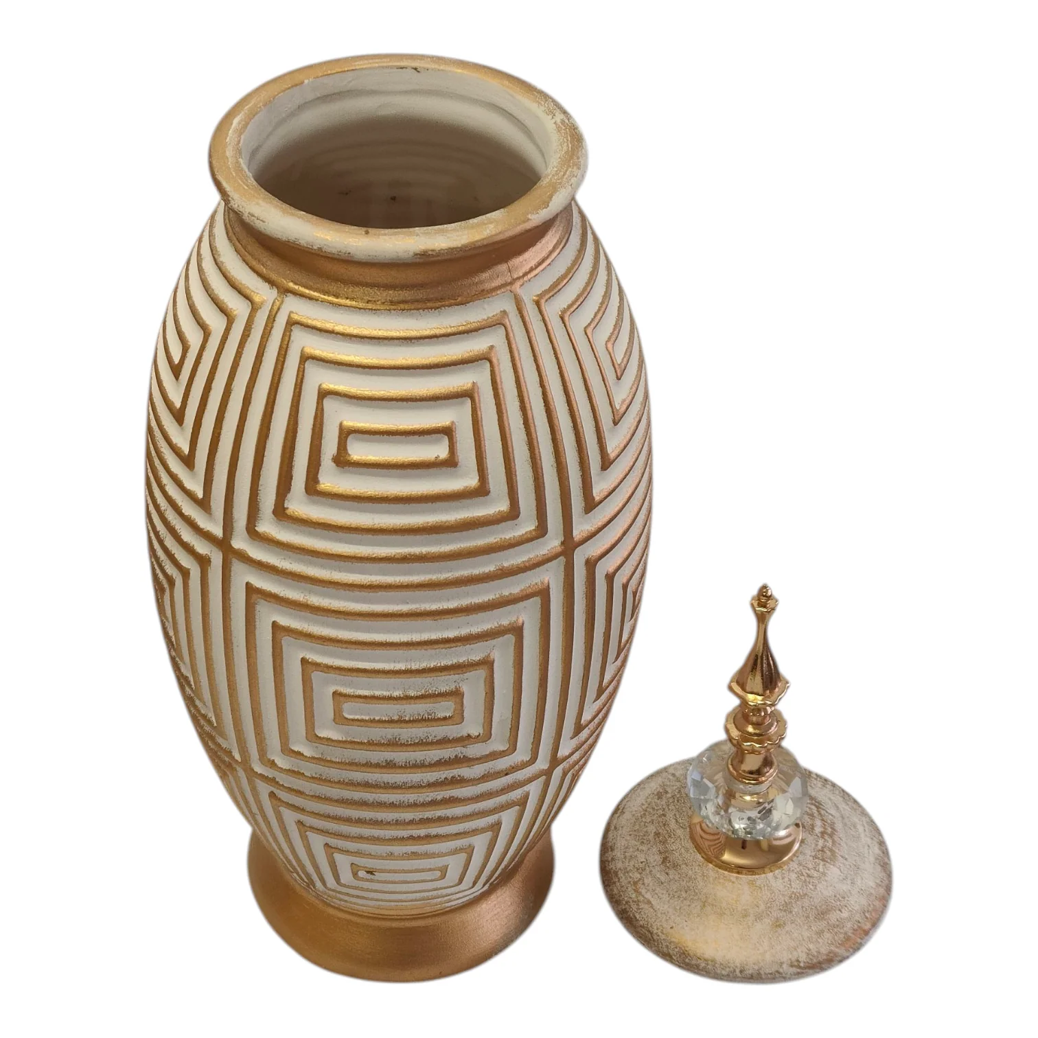 Jarrón Decorativo Árabe Alto Dorado y Blanco con Tapa y Detalle de Cristal – 46cm - Image 2