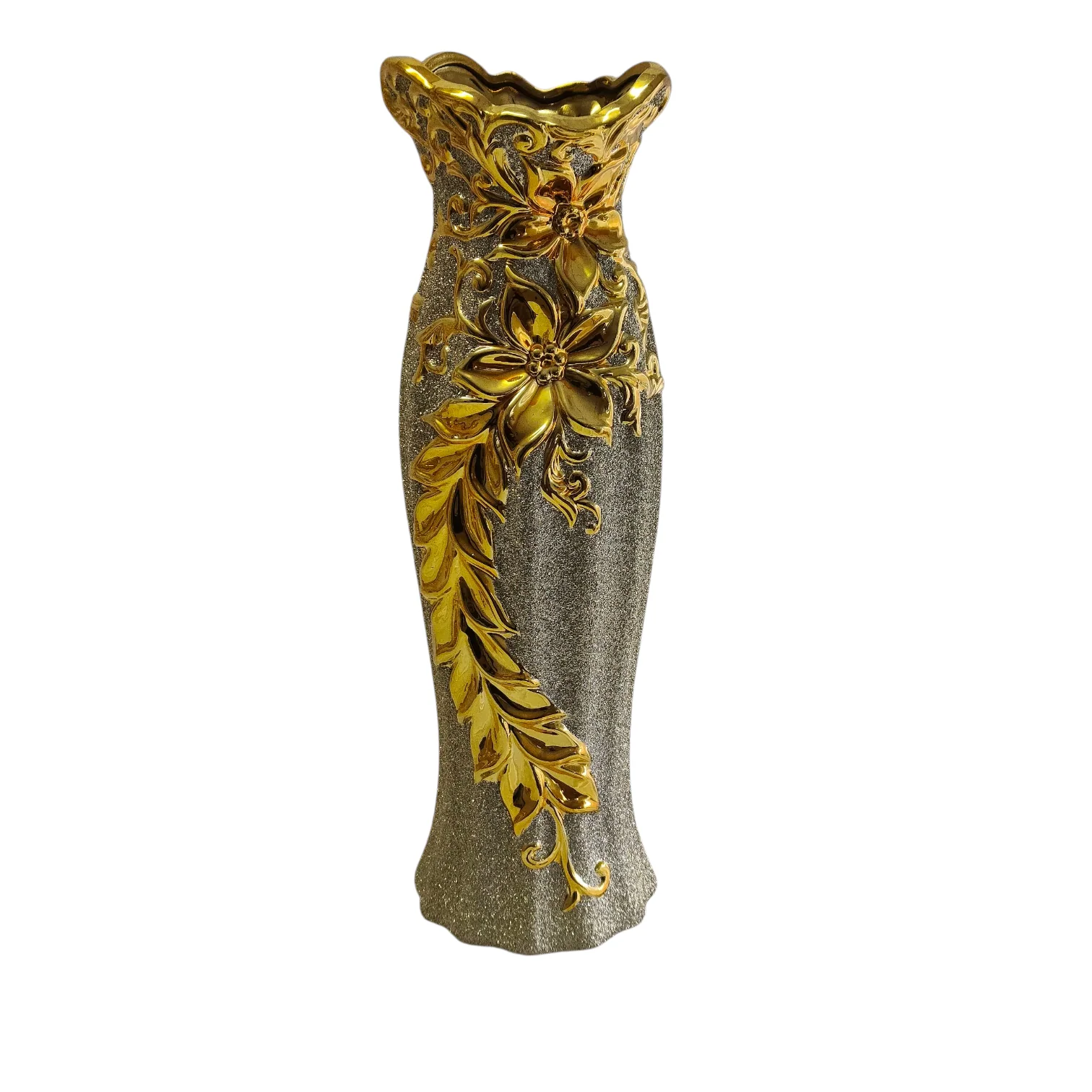 Jarrón Decorativo Alto Gris y Dorado con Flores en Relieve – Estilo Lujo Clásico