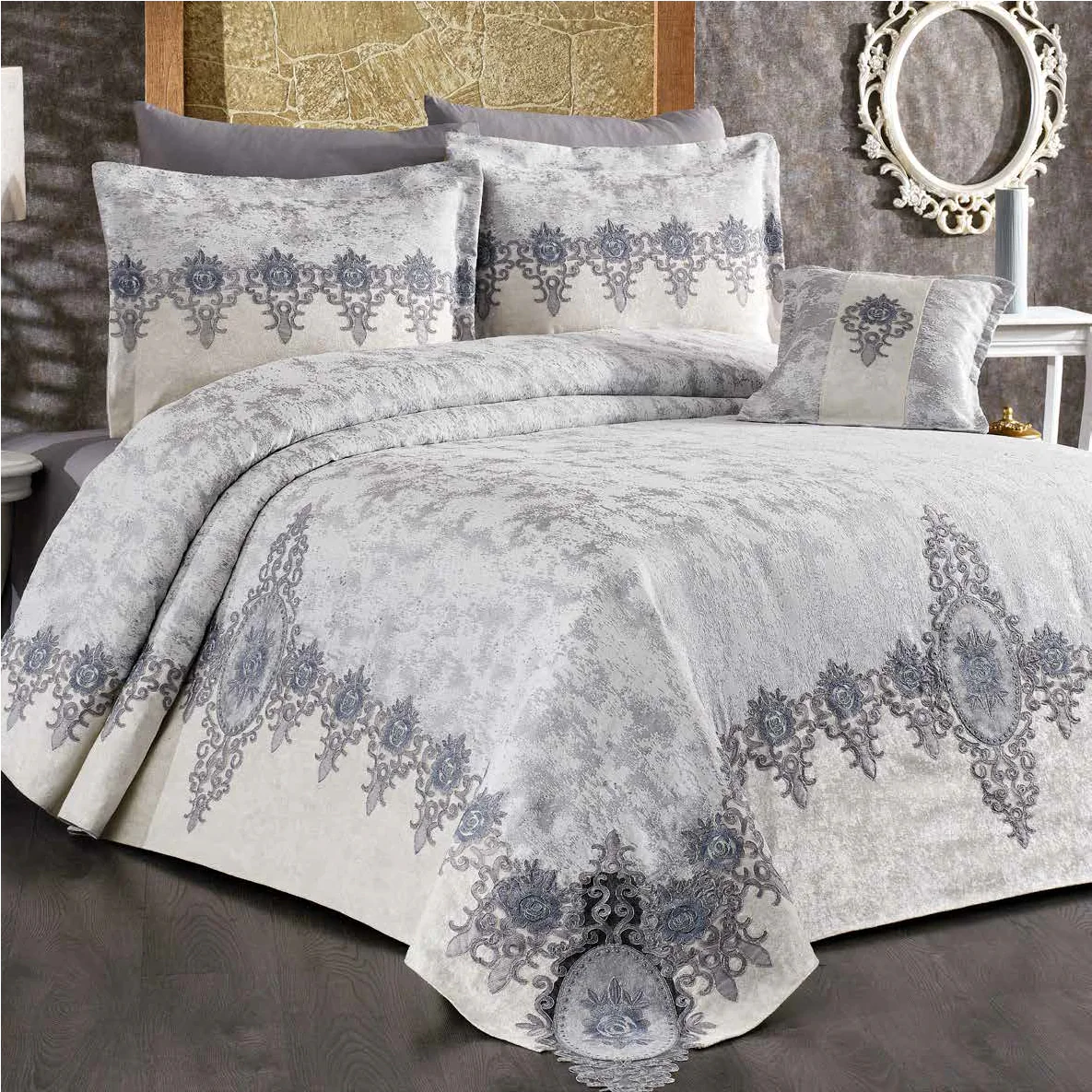 Juego de Cama de Lujo "Vicenza" – Elegancia Clásica con Estilo Barroco - COLOR GRIS - Image 2