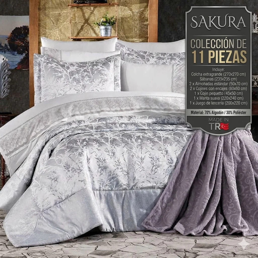 Juego de cama Sakura de 11 piezas: elegancia y confort para tu dormitorio - COLOR GRIS