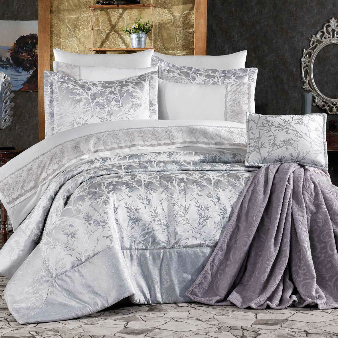 Juego de cama Sakura de 11 piezas: elegancia y confort para tu dormitorio - COLOR GRIS - Image 2