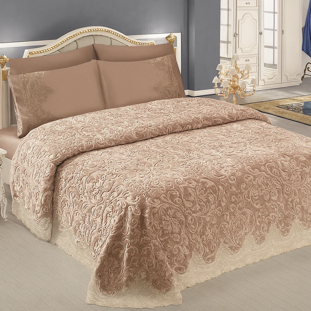 Juego de Manta de Encaje Beige Turco 6 Piezas