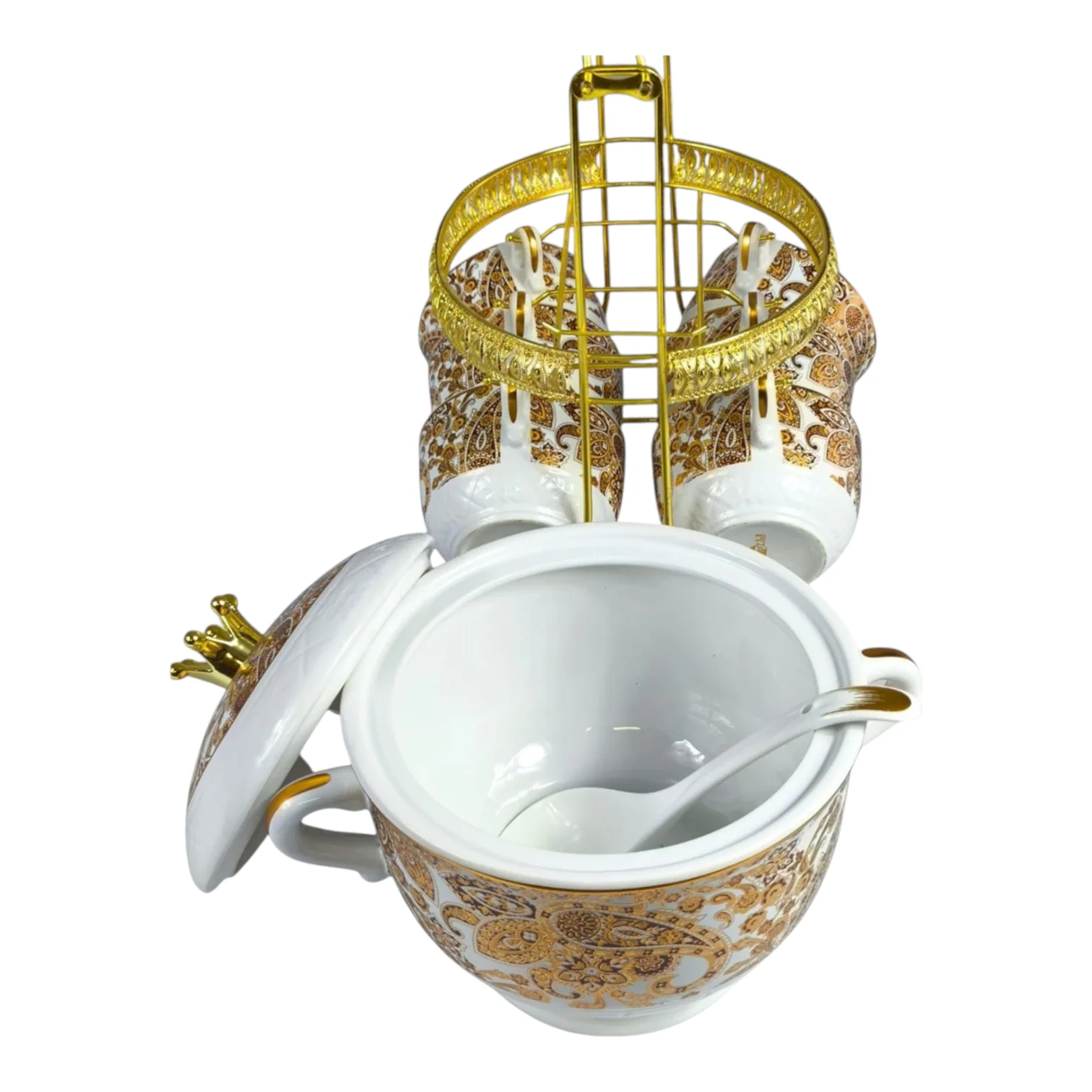 🍲 Set de Sopa de Cerámica con Detalles Dorados – 11 Piezas con Soporte ✨ - Image 3
