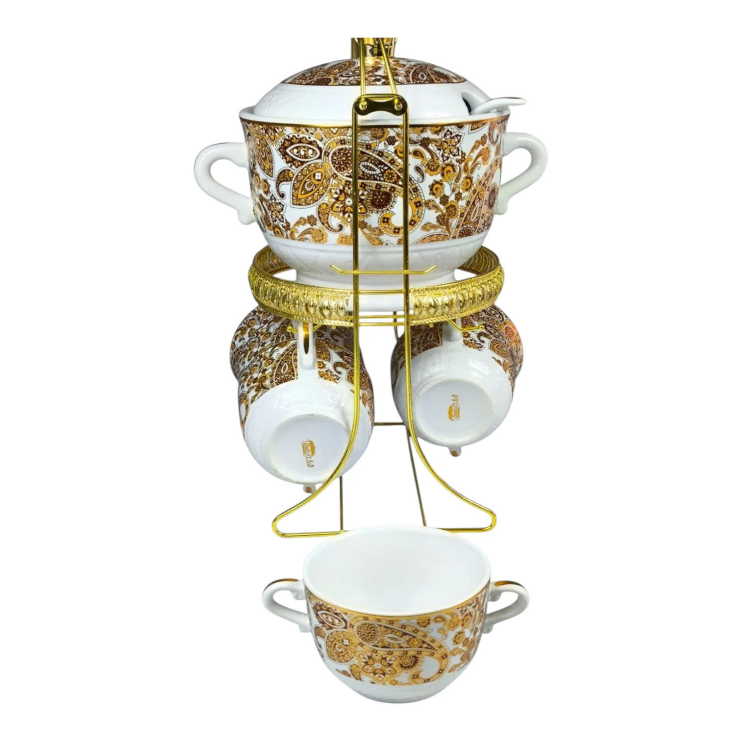 🍲 Set de Sopa de Cerámica con Detalles Dorados – 11 Piezas con Soporte ✨ - Image 4
