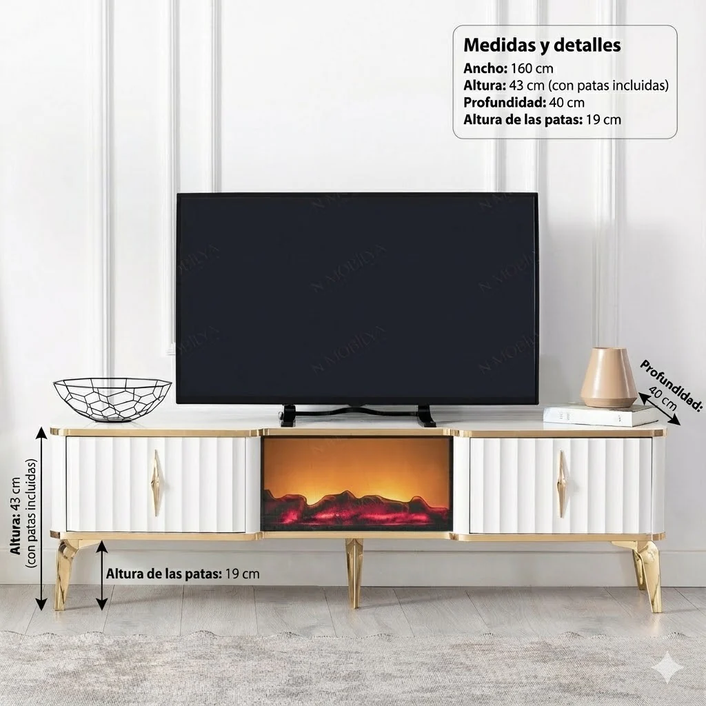 Mesa de TV con chimenea digital - COLOR BLANCO CON DETALLES EN DORADO - Image 6