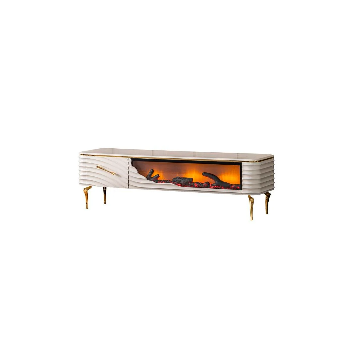 Mesa de TV con chimenea digital - BLANCO CON DETALLES EN DORADO - Image 10