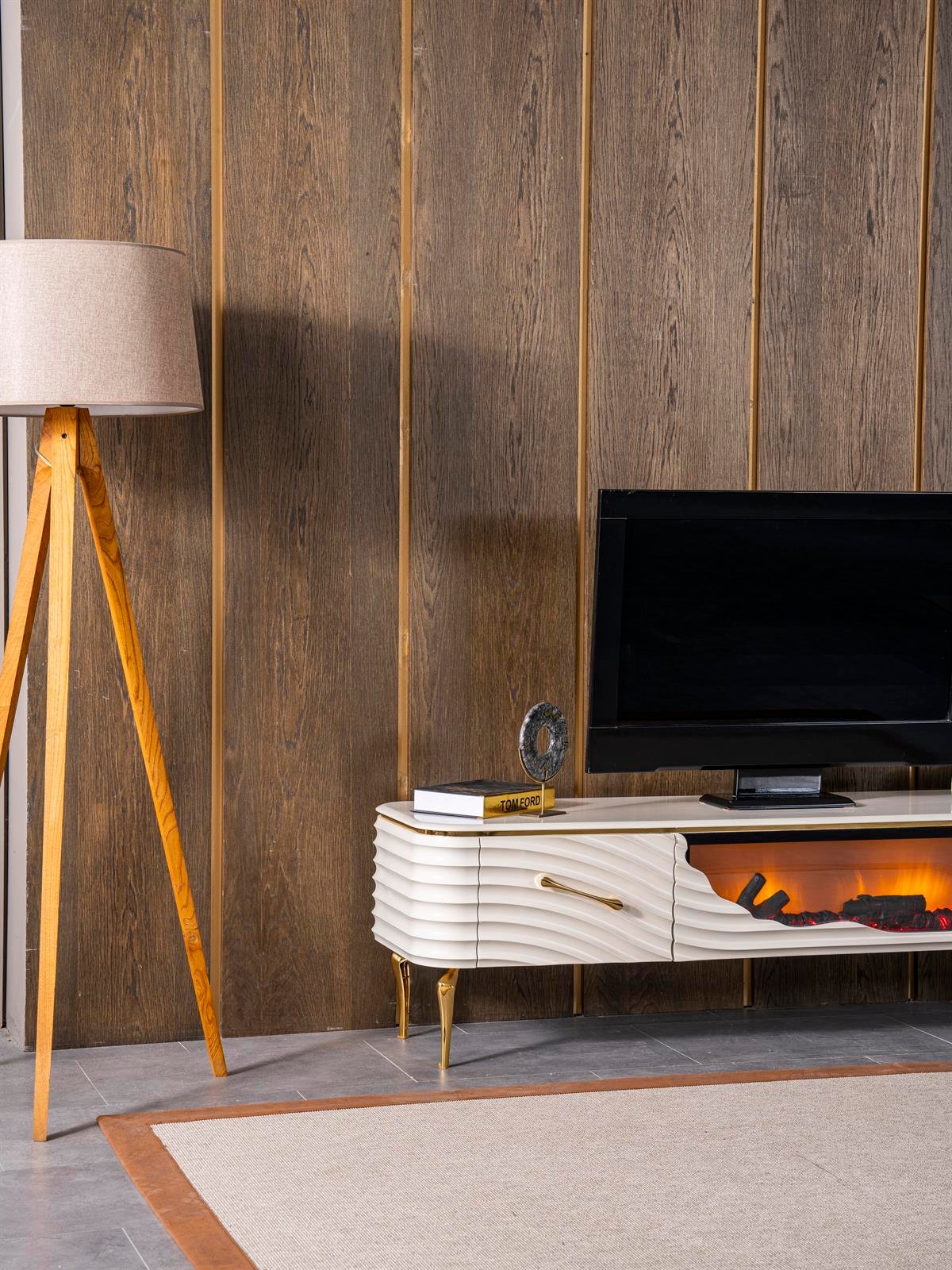 Mesa de TV con chimenea digital - BLANCO CON DETALLES EN DORADO - Image 3