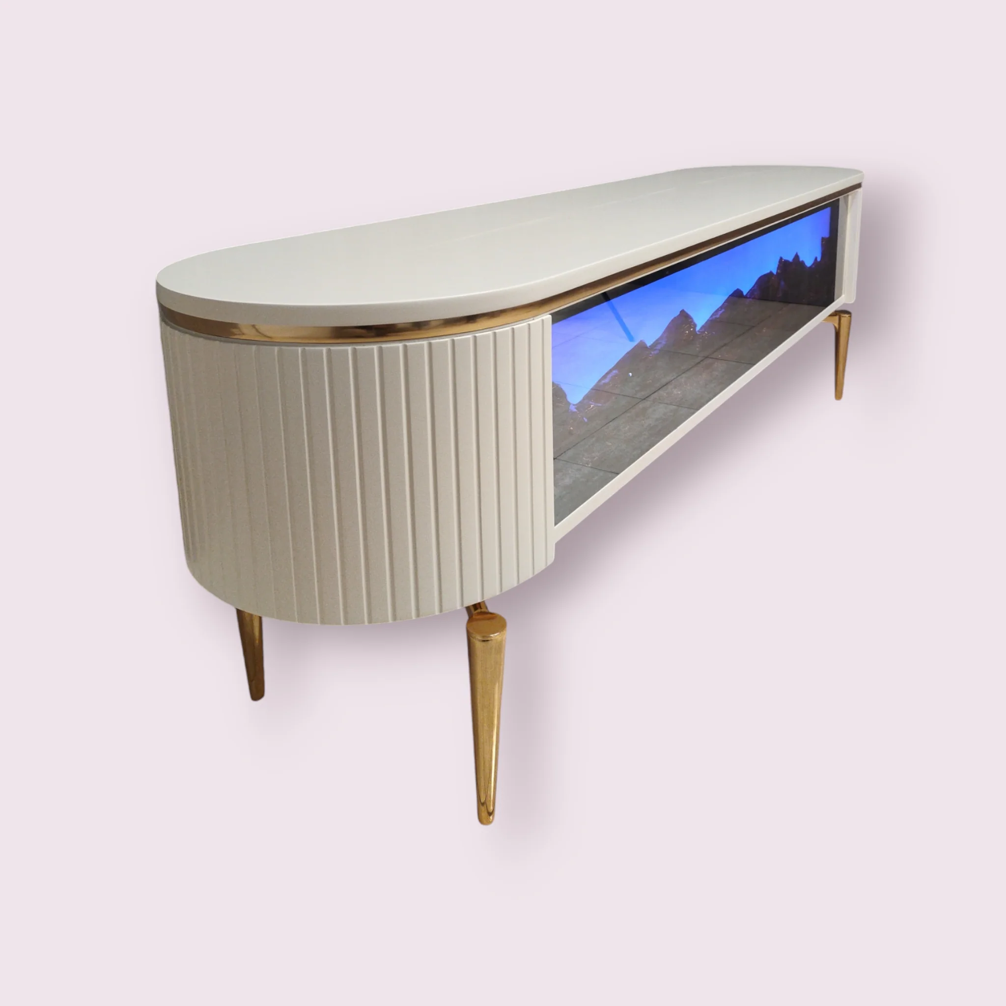 Mesa de TV con chimenea digital - BLANCO CON DETALLES EN DORADO - Image 3