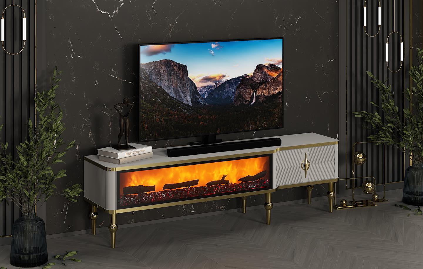 Mesa de TV con chimenea digital - BLANCO CON DETALLES DORADOS - Image 2