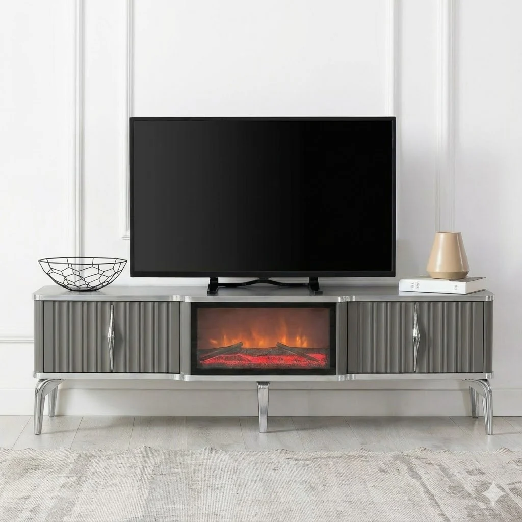 Mesa de TV con chimenea digital - COLOR GRIS CON DETALLES EN PLATEADO