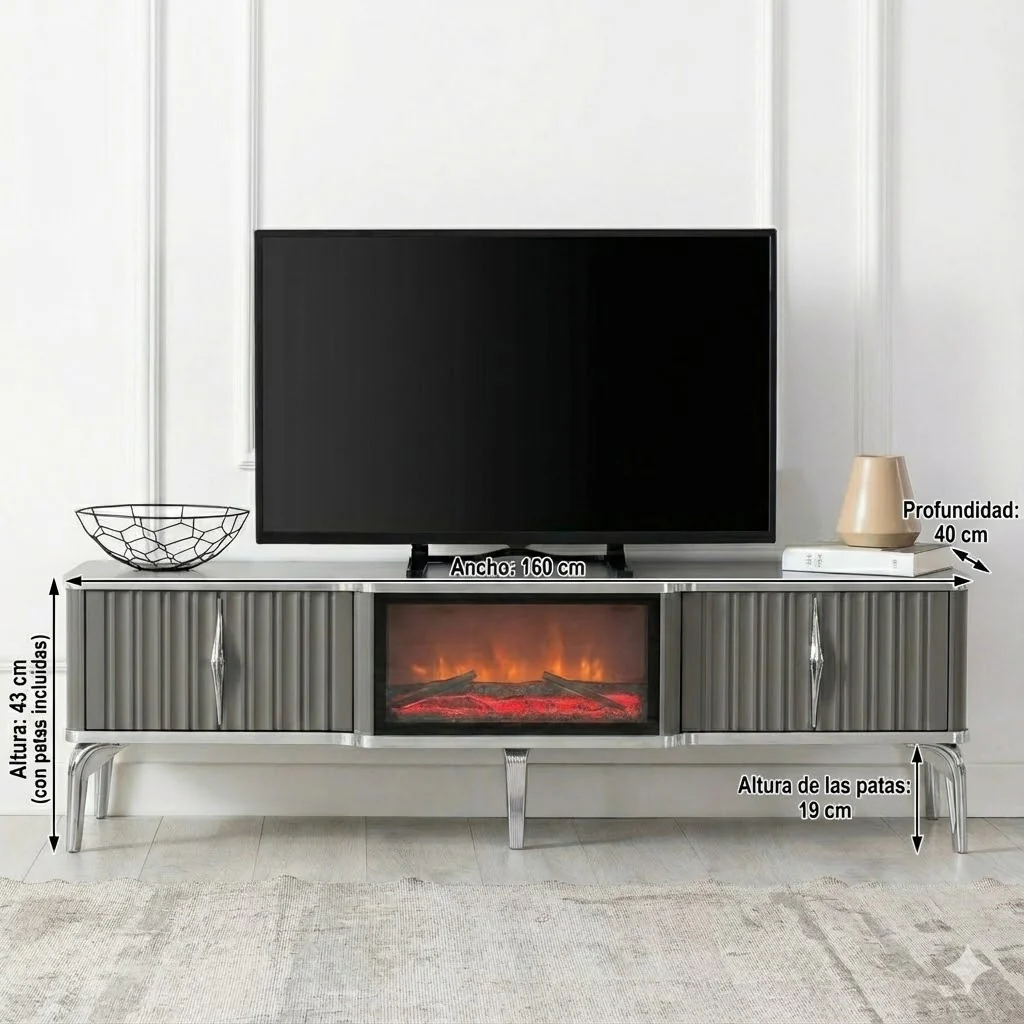 Mesa de TV con chimenea digital - COLOR GRIS CON DETALLES EN PLATEADO - Image 2
