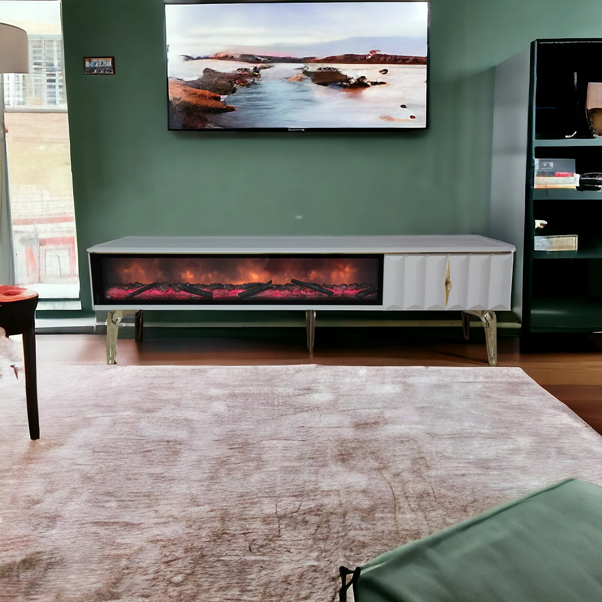 Mesa de TV con chimenea digital - COLOR CAPUCCINO CON DETALLES EN DORADO