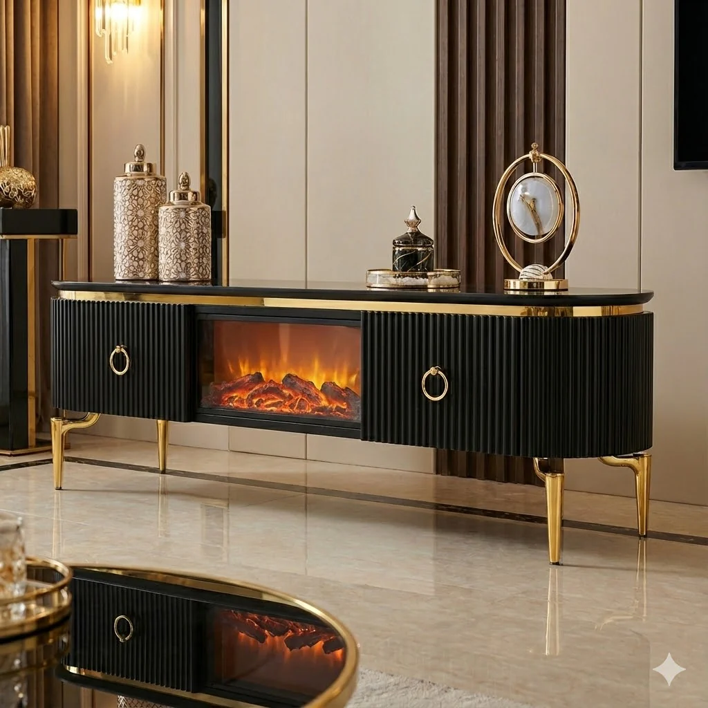 Mesa de TV con chimenea digital - NEGRO DORADO - Image 3