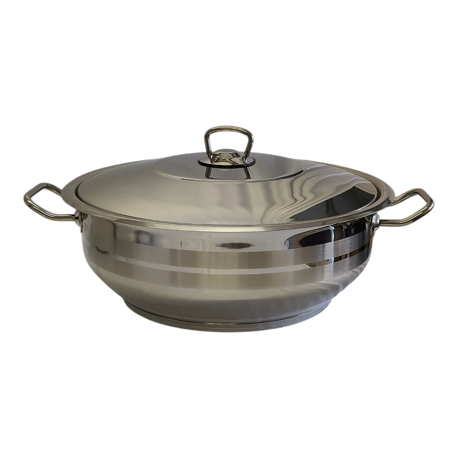 Cacerola Baja de Acero Inoxidable con Tapa 8,5L — 2 Asas | Acabado Pulido
