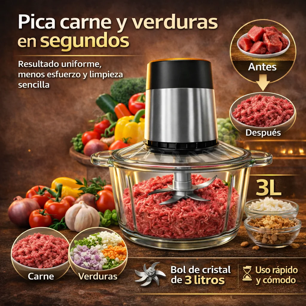 Picadora Eléctrica 300W XXL 3L con 6 Cuchillas de Acero Inoxidable – Trituradora Profesional Multifunción con 2 Velocidades, Ideal para Carne, Verduras y Frutos Secos