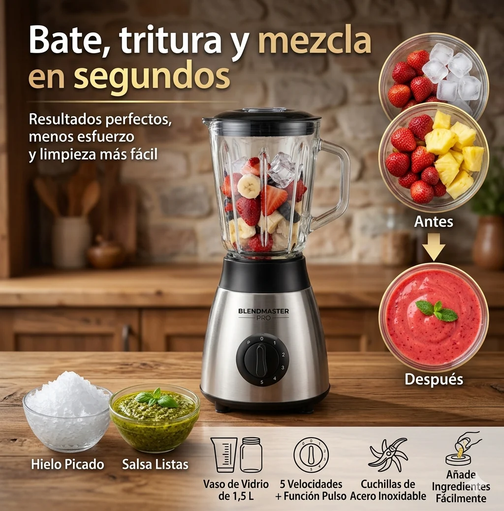 Batidora de Vaso 2 en 1 de Cristal 1,5L con Molinillo, 5 Velocidades y Función Pulse – 950W - Image 2