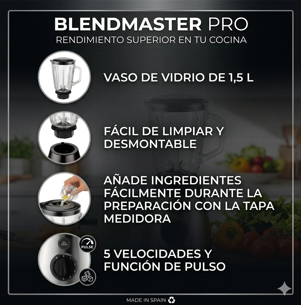 Batidora de Vaso 2 en 1 de Cristal 1,5L con Molinillo, 5 Velocidades y Función Pulse – 950W - Image 6