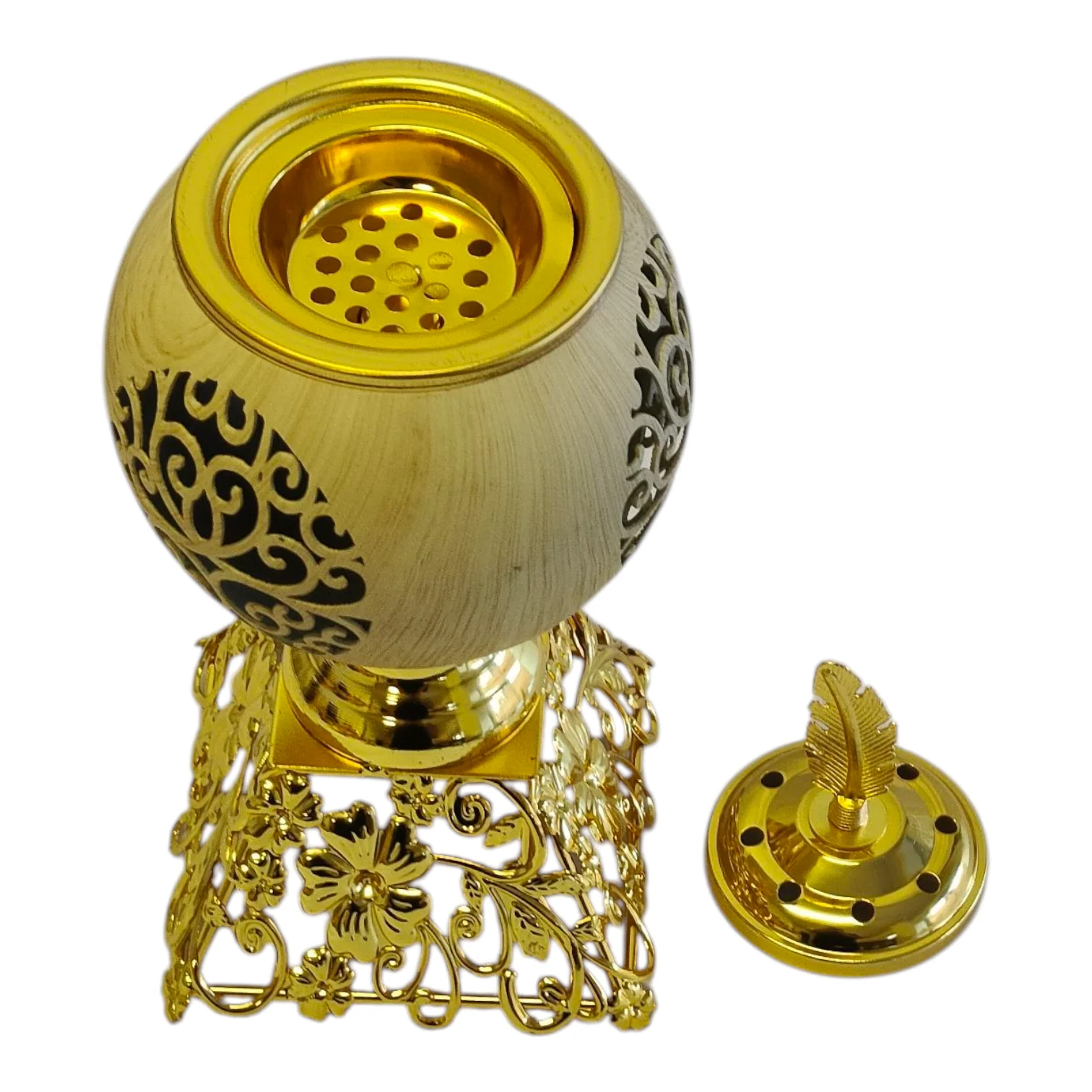 Quemador de Incienso Árabe Dorado con Detalle de Pluma — Diseño Esférico de Lujo - Image 3