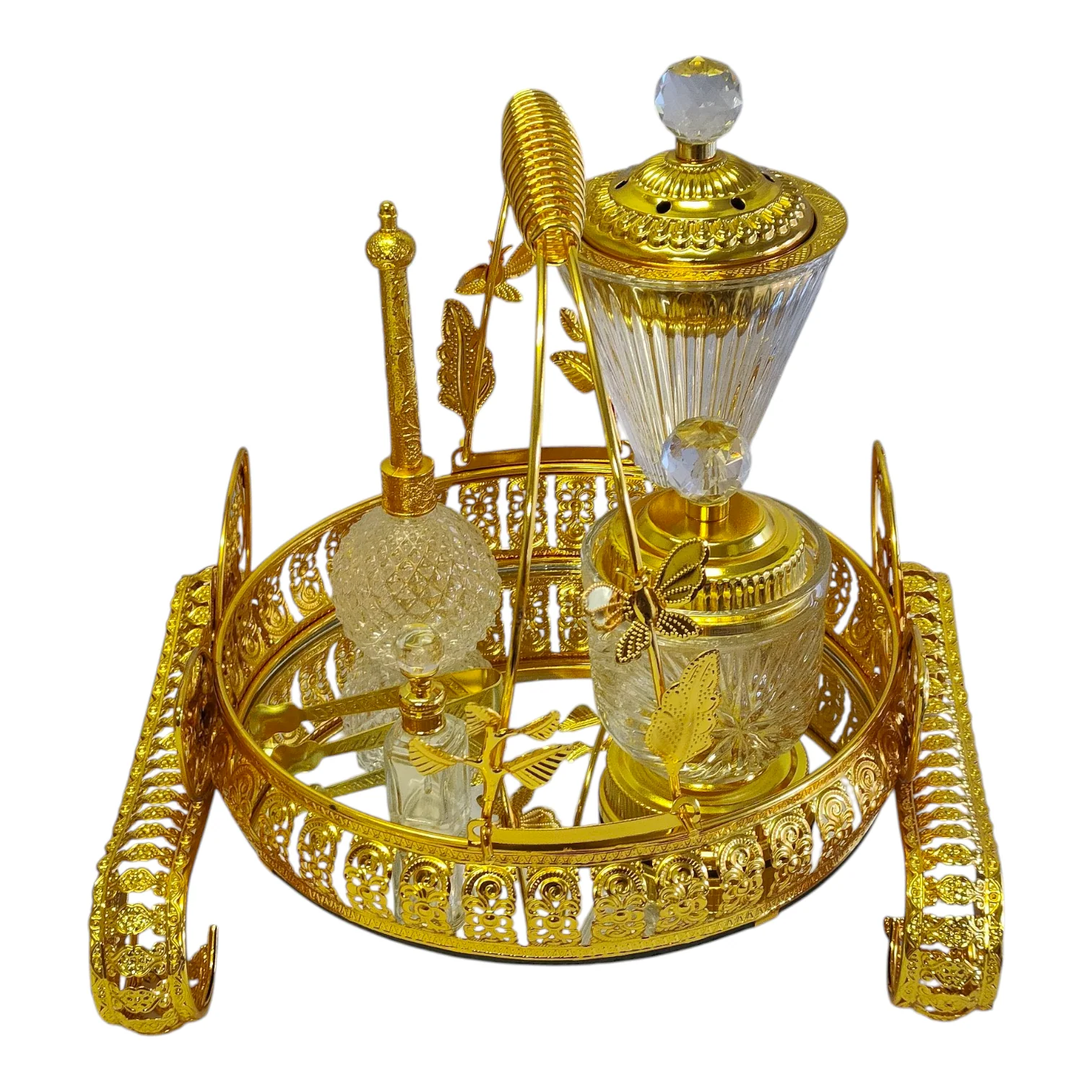 Set Árabe Dorado de Cristal con Base Decorativa — Bandeja de Lujo con Quemador y Frascos - Image 7