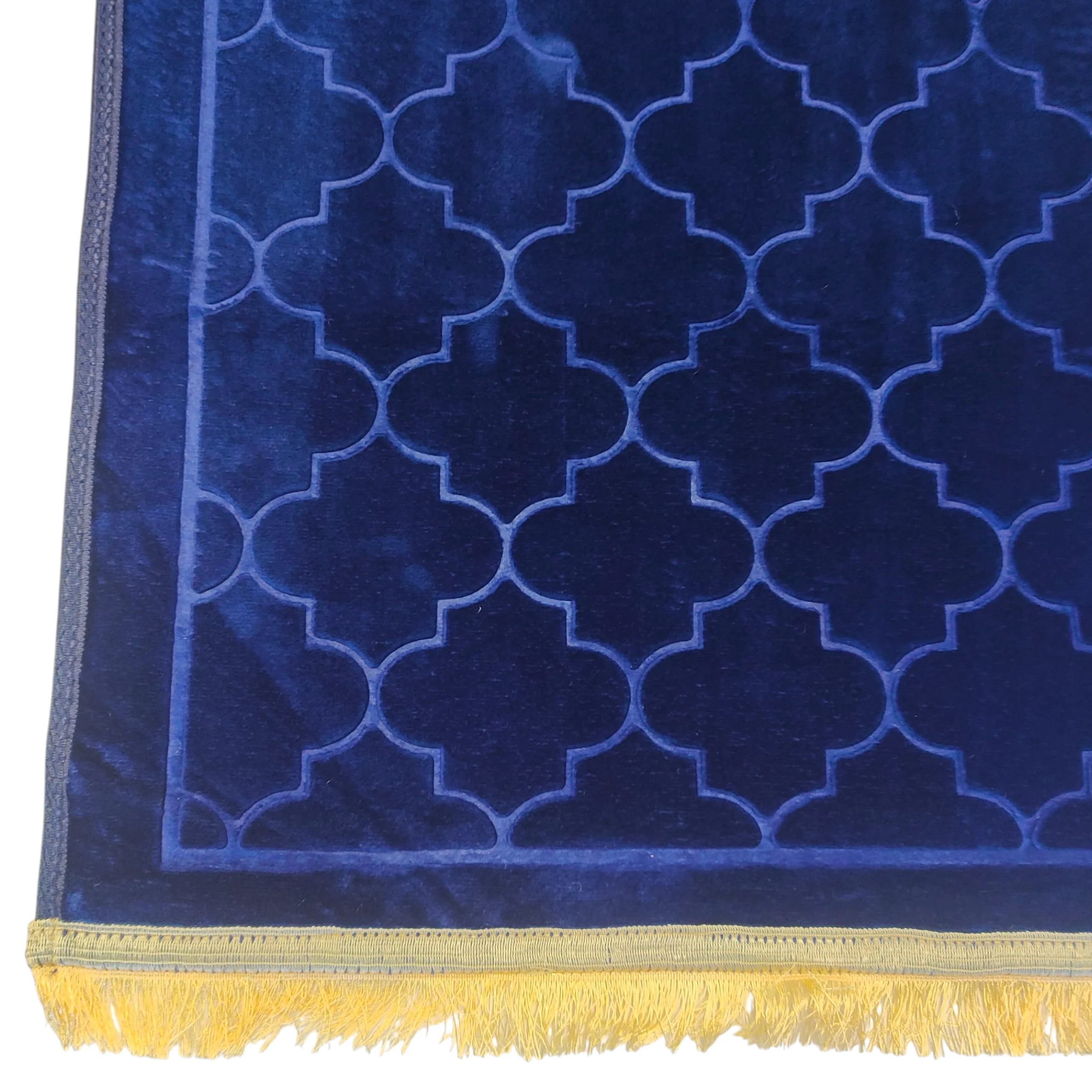 Alfombra de Rezo Sajjada Azul Marino con Flecos Dorados - Image 3