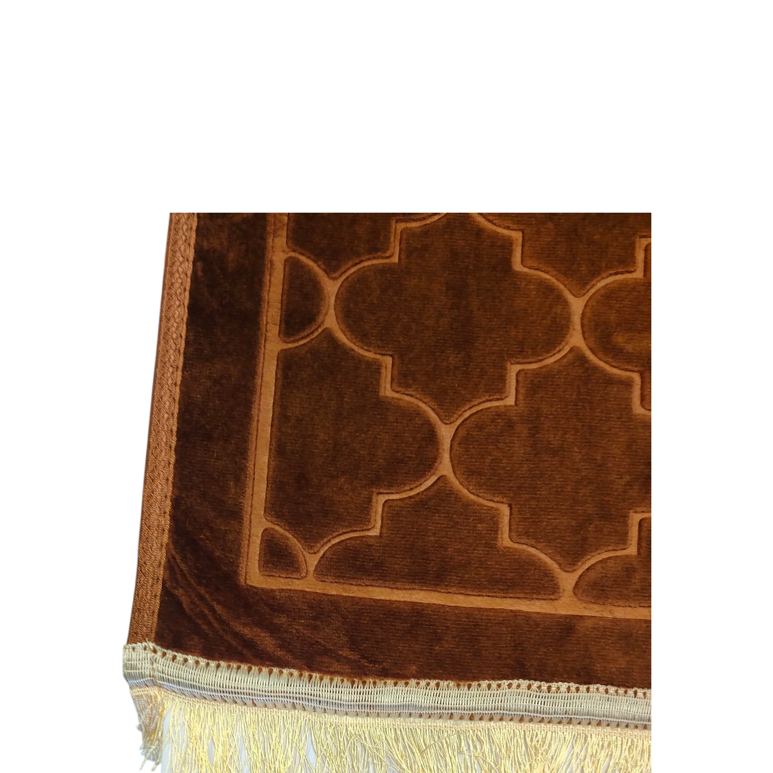 Alfombra de Rezo Sajjada Marrón Chocolate con Flecos Dorados - Image 6