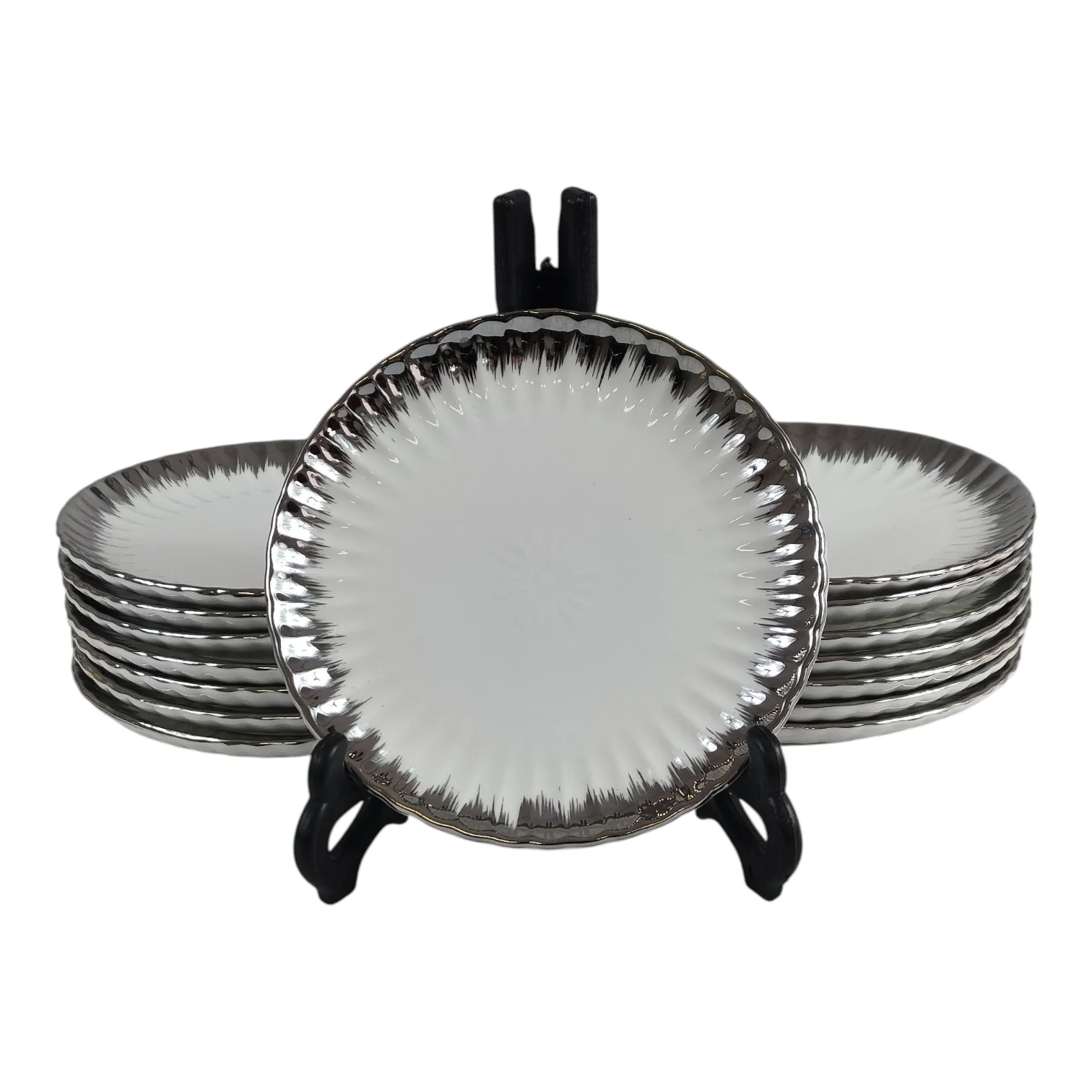 🍽️ Set de 12 Platos de Postre Redondos con Borde Plateado Brillante Ø 15cm – Estilo Lujo - Image 4