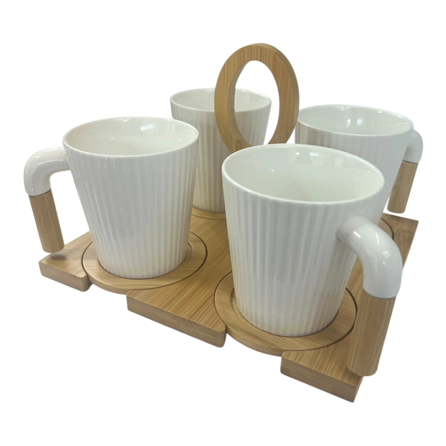 Set de 4 Tazas de Porcelana con Bandeja de Madera y Asa - Image 3
