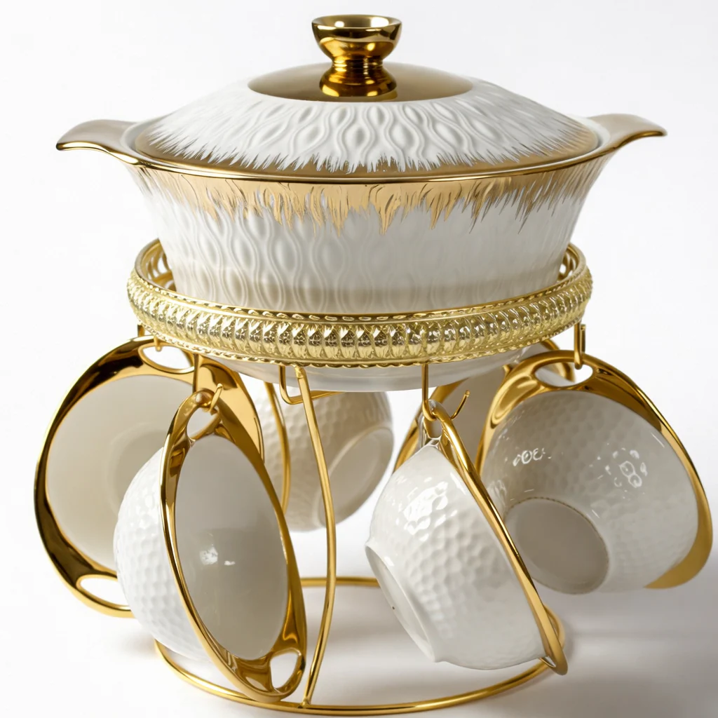 Set de Sopa con 6 Tazas de Porcelana y Base Dorada — Diseño Elegante Blanco y Oro