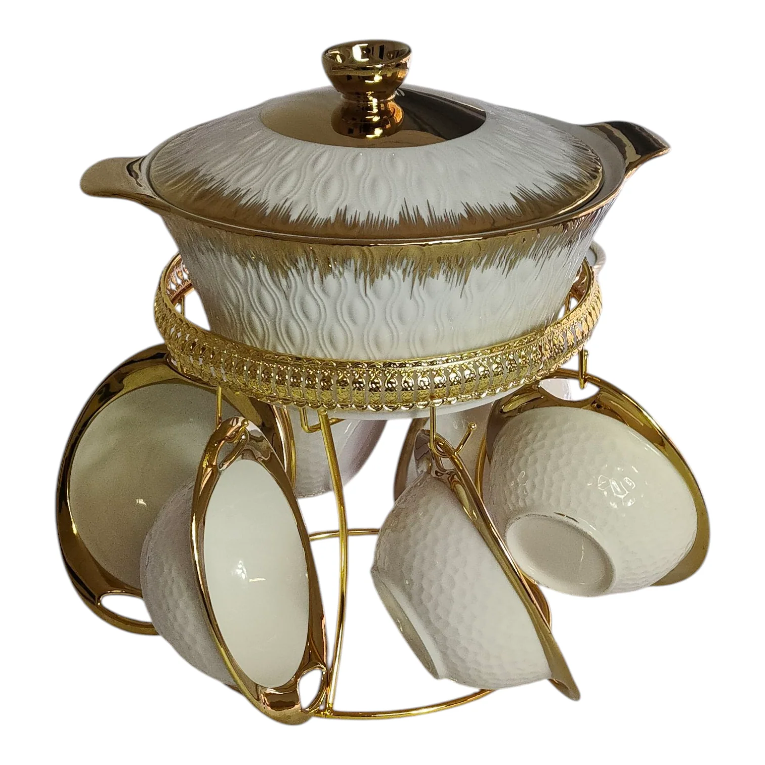 Set de Sopa con 6 Tazas de Porcelana y Base Dorada — Diseño Elegante Blanco y Oro - Image 2