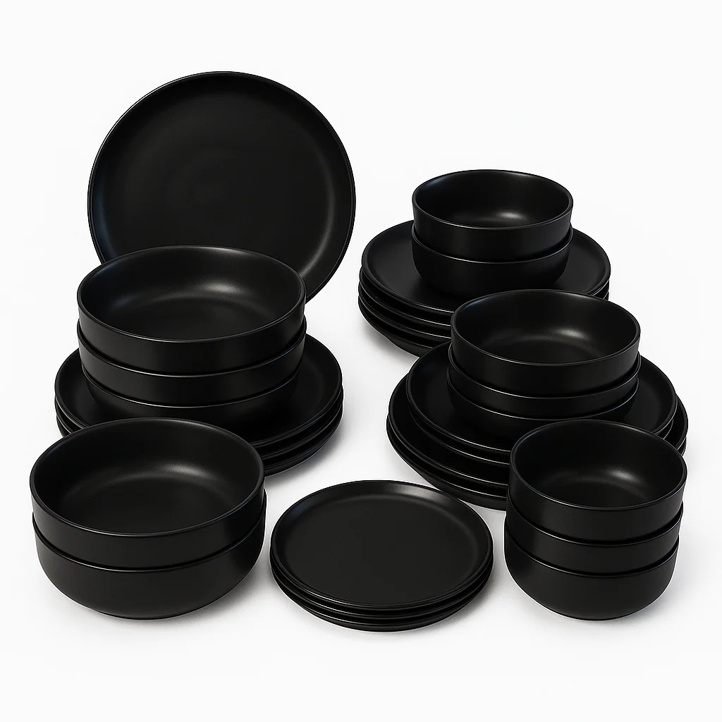Juego de Vajilla de 24 Piezas — Gres Negro Mate