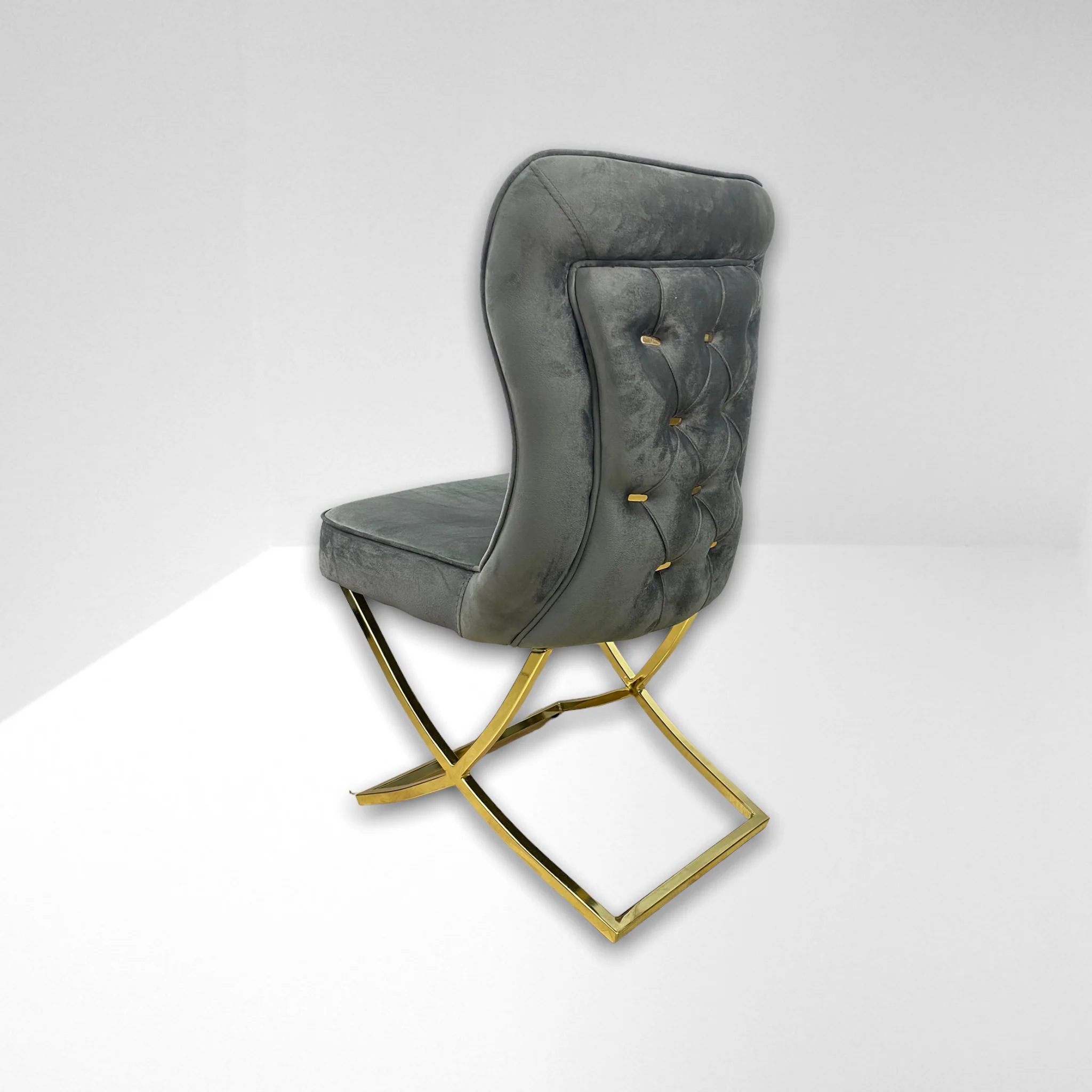 Silla terciopelo para comedor CLOWER SANDALYE V27 gris oscuro ganchos dorado, pata metal dorado