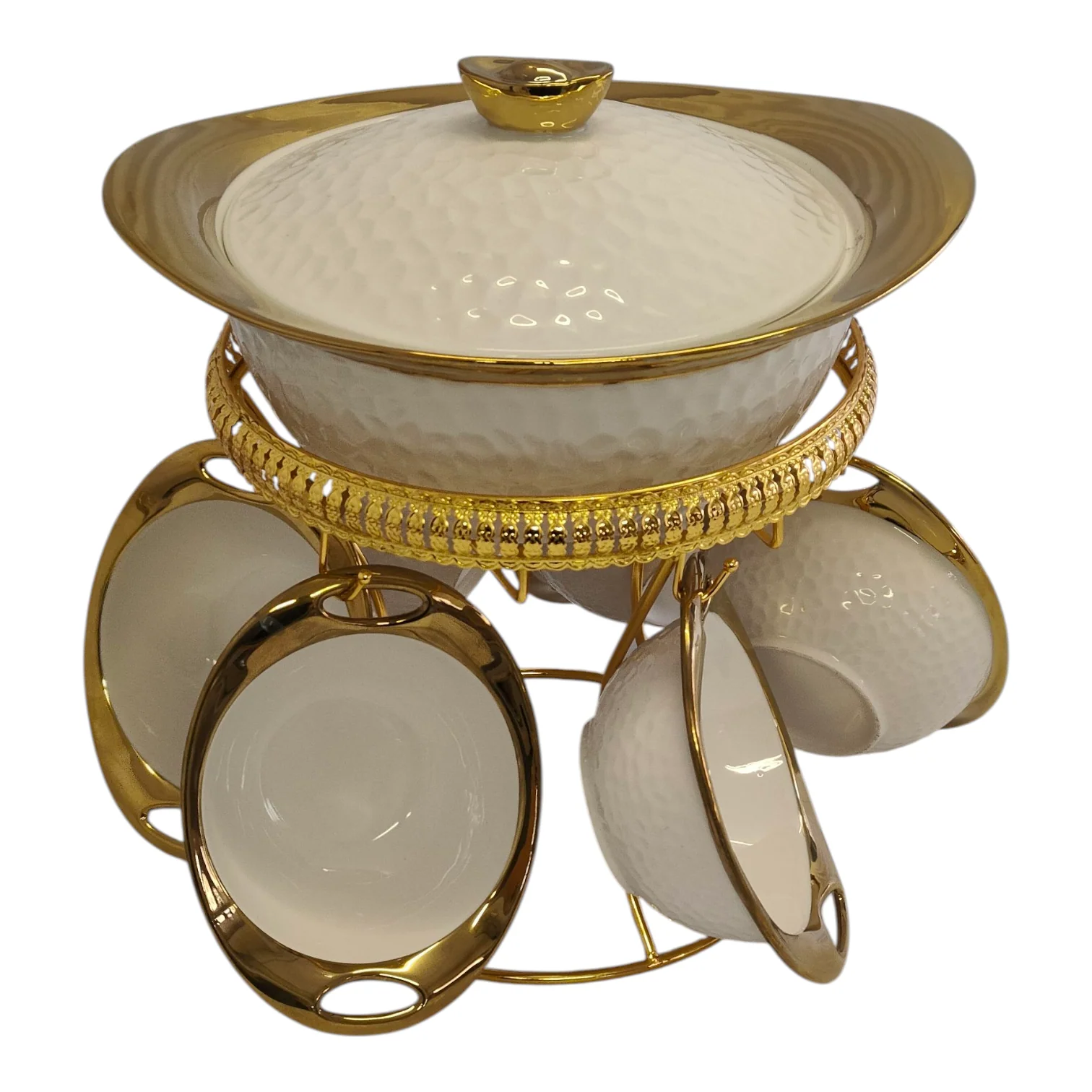 Sopera Harira de Porcelana con Soporte Dorado + 6 Tazas/cuencos - Image 2