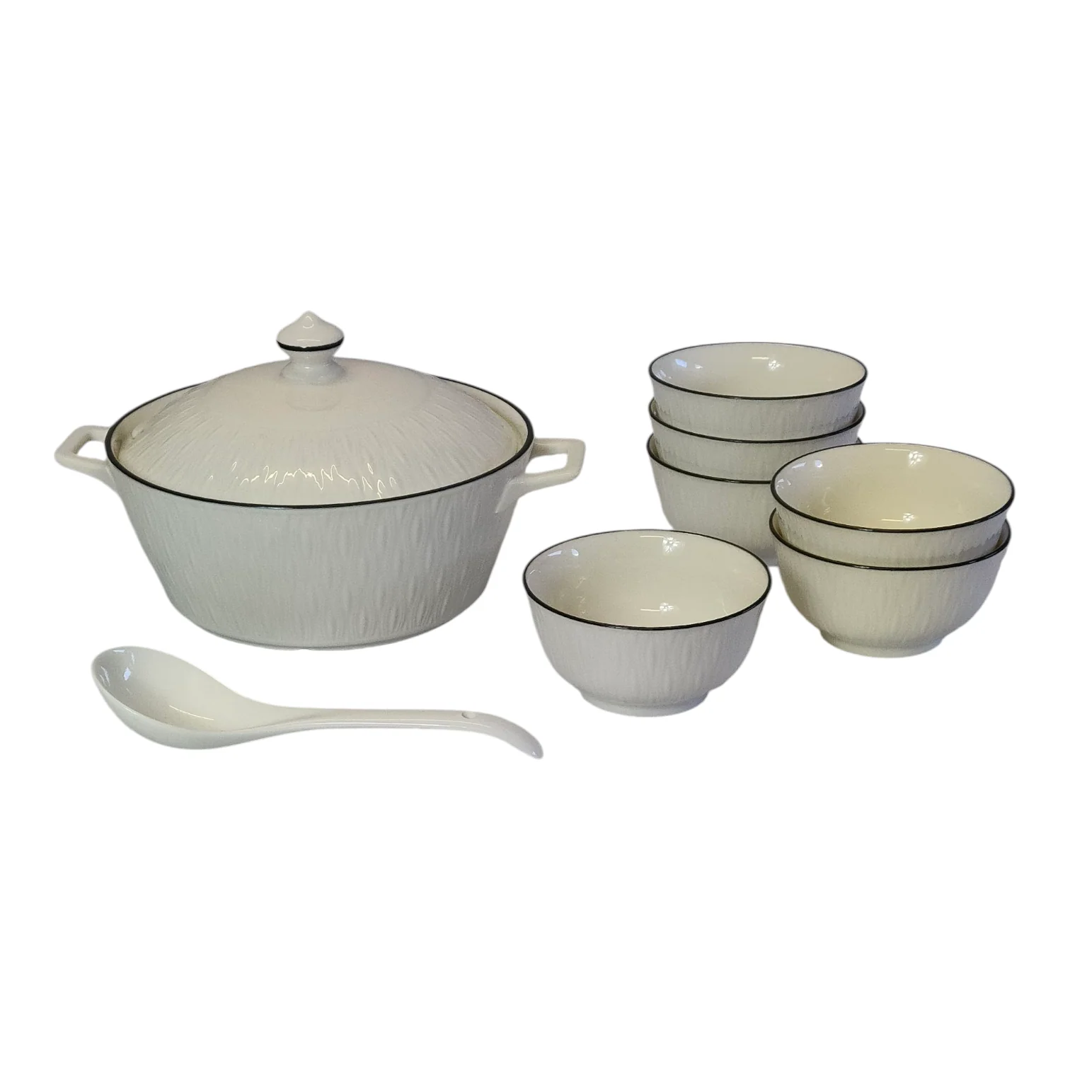 Set Sopera de Cerámica con Tapa + 6 Cuencos y Cucharón —2L- Blanco Texturizado