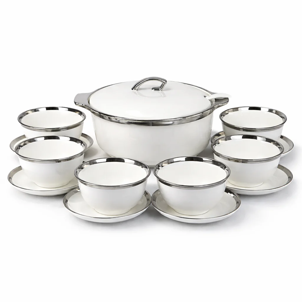 🥣 Set de Sopera de Porcelana Premium con Borde Plateado 2,7L