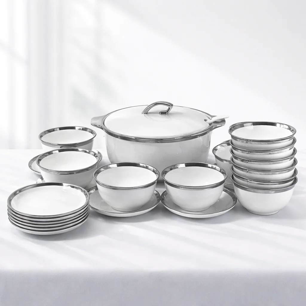 🍽️ Juego de Vajilla Elegante 24 Piezas Blanco con Detalles Plateados ✨2,7L