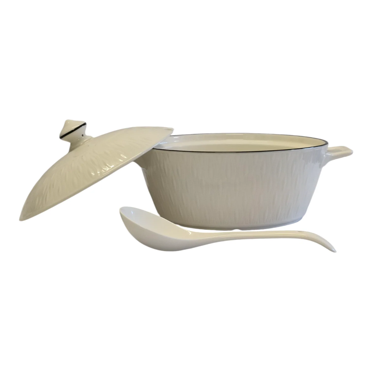 Set Sopera de Cerámica con Tapa + 6 Cuencos y Cucharón —2L- Blanco Texturizado - Image 4