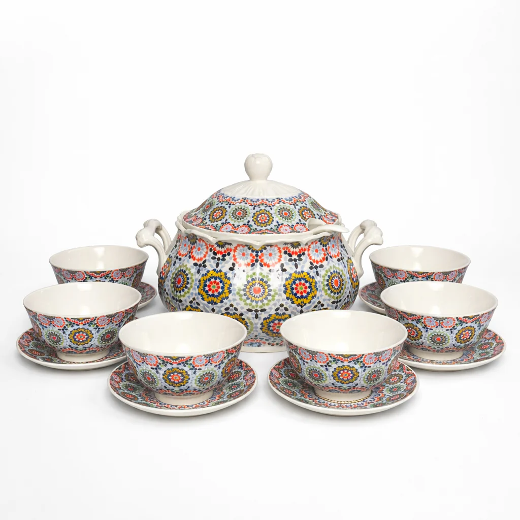 Sopera de Porcelana Decorada con 6 Cuencos y Platos -3L– Diseño Mandala Multicolor