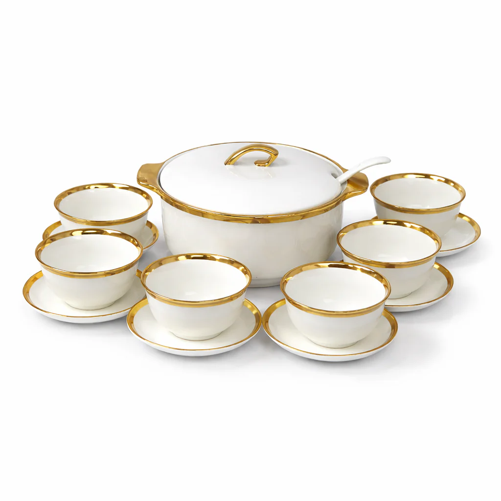 Juego de Sopera con 6 Tazones y Platillos de Porcelana Blanca con Borde Dorado 2,7L