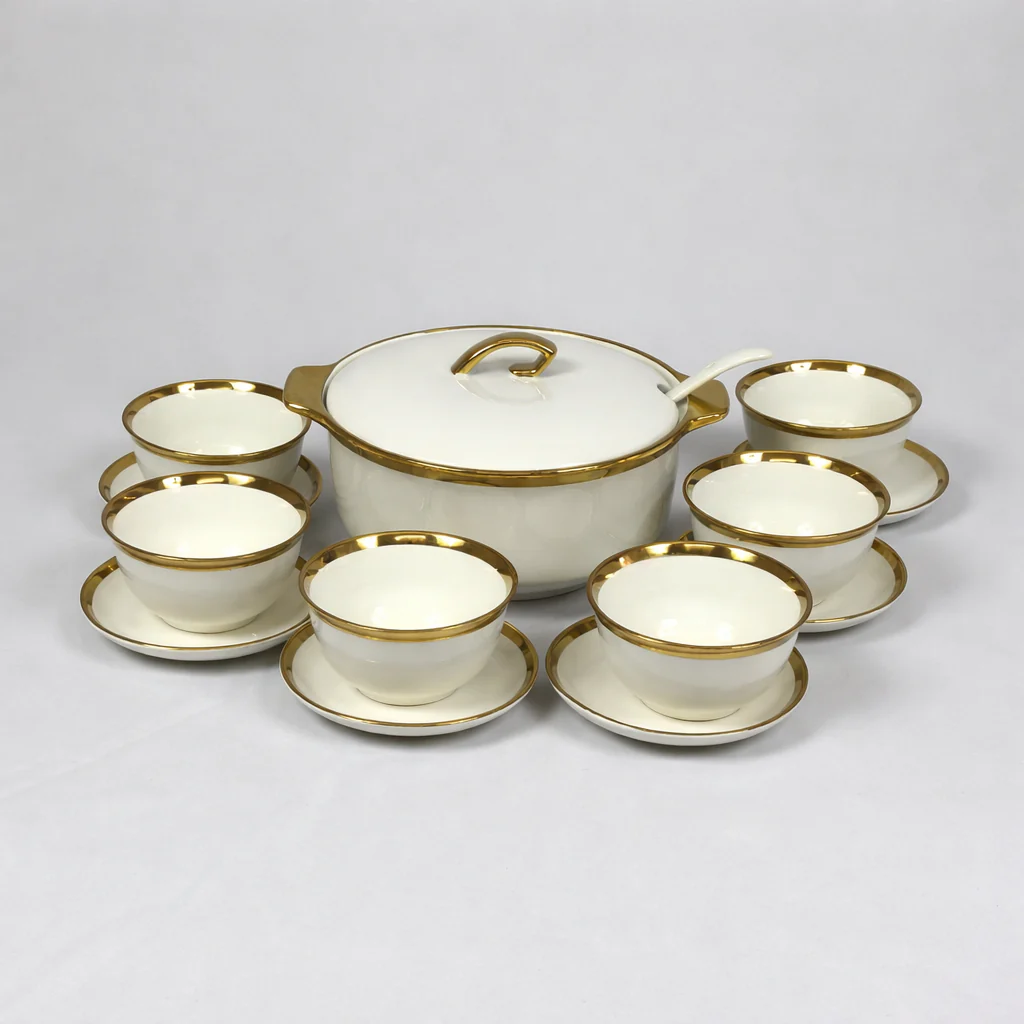 Juego de Sopera con 6 Tazones y Platillos de Porcelana Blanca con Borde Dorado 2,7L - Image 2