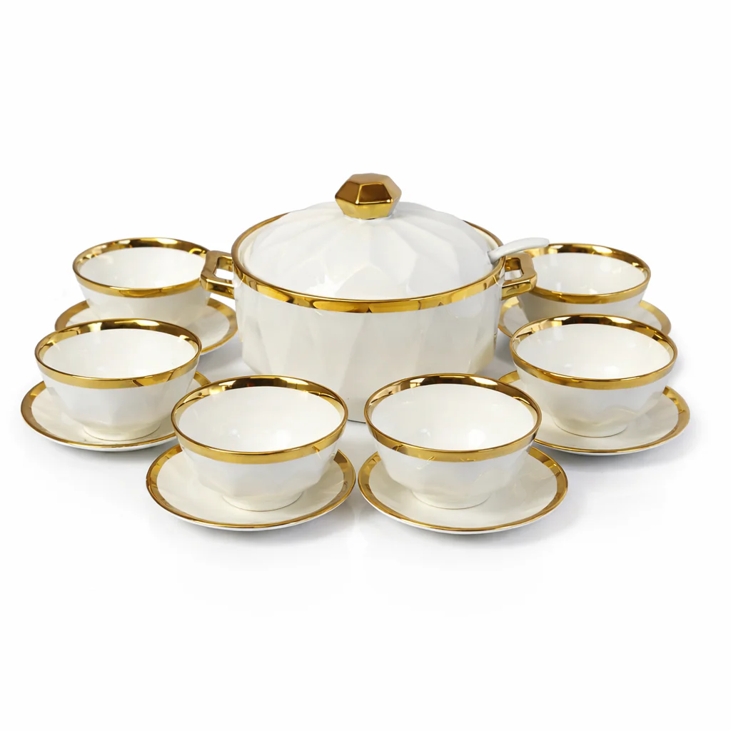 Juego de Soperas y Tazones de Porcelana Blanca con Borde Dorado –2,7L