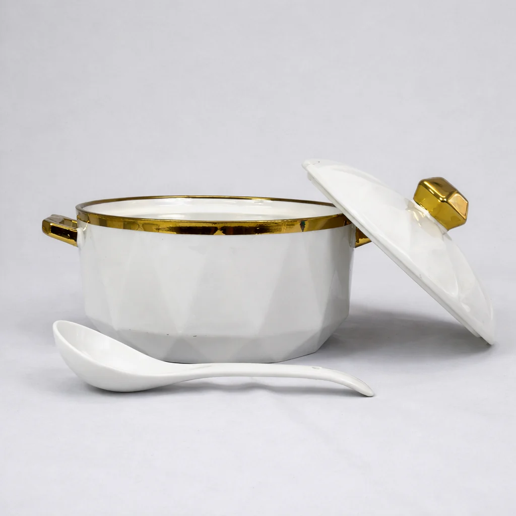 Juego de Soperas y Tazones de Porcelana Blanca con Borde Dorado –2,7L - Image 4