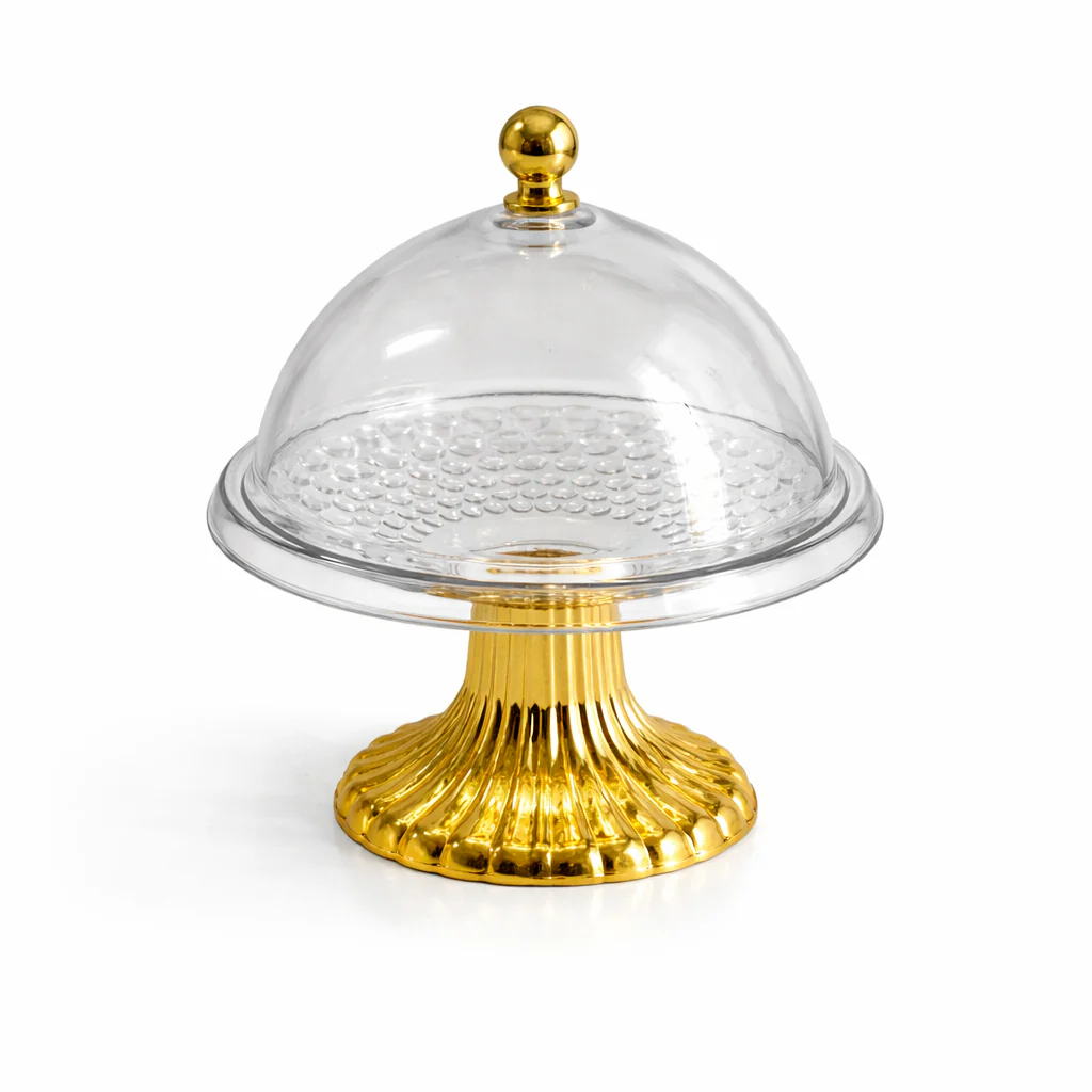 Campana Decorativa de Plástico Transparente con Base Dorada – Estilo Elegante