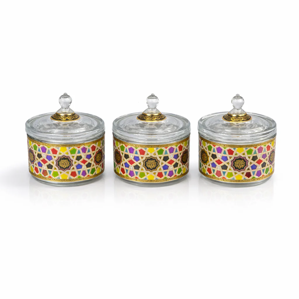 Set de 3 Frascos Decorativos de Vidrio con Diseño Geométrico y Detalles Dorados